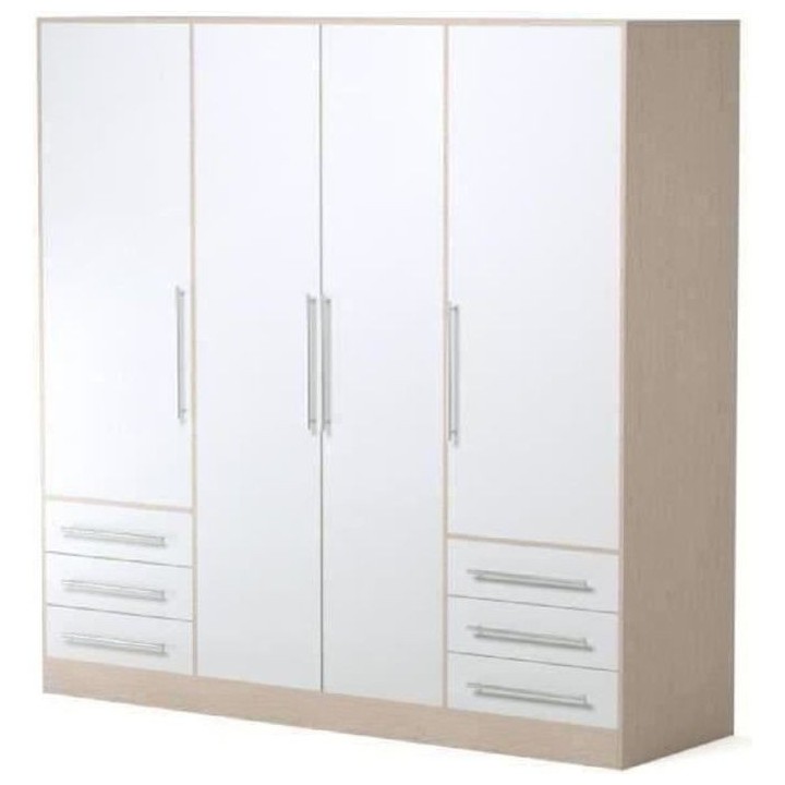 Armoire 4 portes battantes + 6 tiroirs- Bois aggloméré - Chene et bl