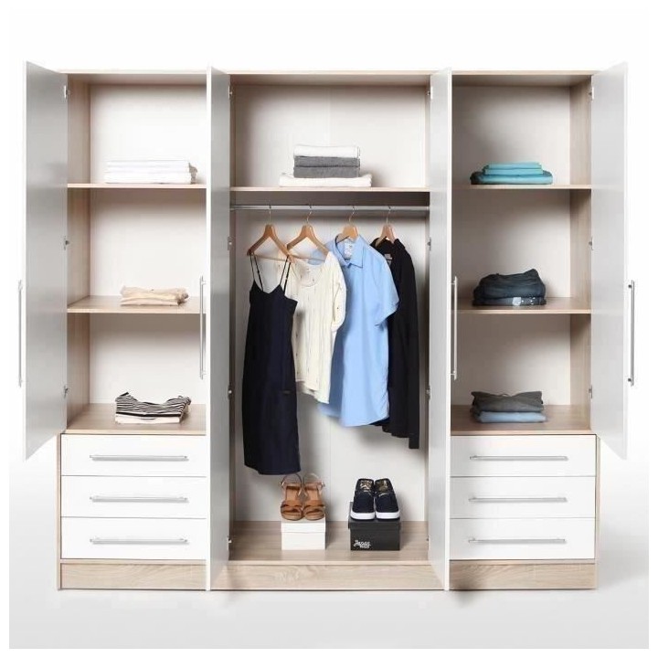 Armoire 4 portes battantes + 6 tiroirs- Bois aggloméré - Chene et bl