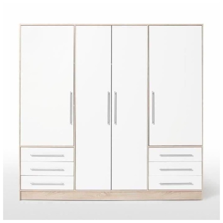 Armoire 4 portes battantes + 6 tiroirs- Bois aggloméré - Chene et bl