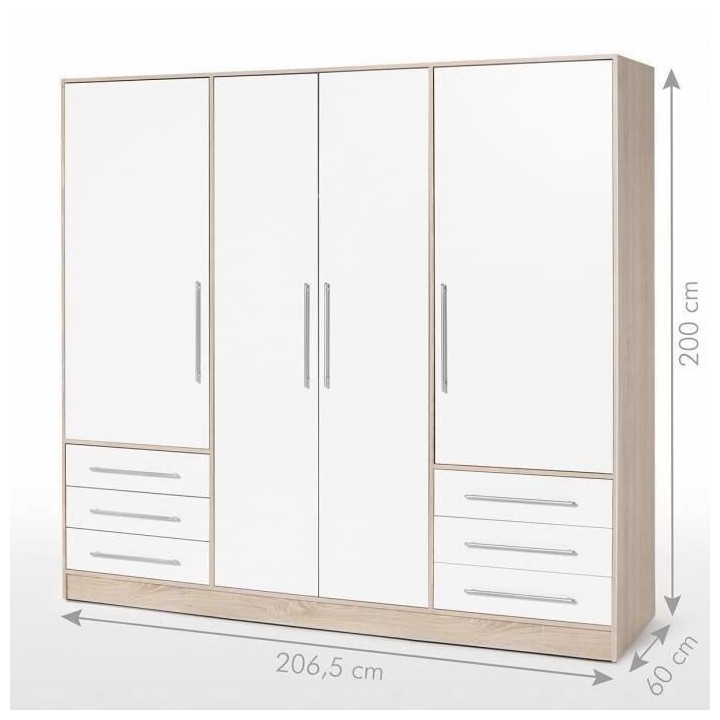 Armoire 4 portes battantes + 6 tiroirs- Bois aggloméré - Chene et bl