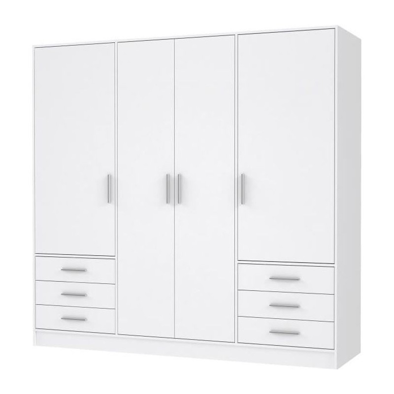 Armoire 4 portes battantes + 6 tiroirs - Bois aggloméré - Blanc mat - L 206,5 x P 60 x H 200 cm - JUPITER