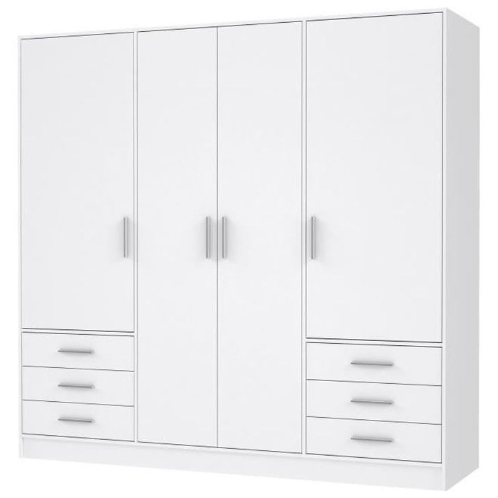 Armoire 4 portes battantes + 6 tiroirs - Bois aggloméré - Blanc mat