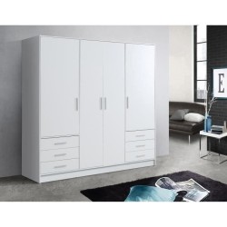 Armoire 4 portes battantes + 6 tiroirs - Bois aggloméré - Blanc mat - L 206,5 x P 60 x H 200 cm - JUPITER