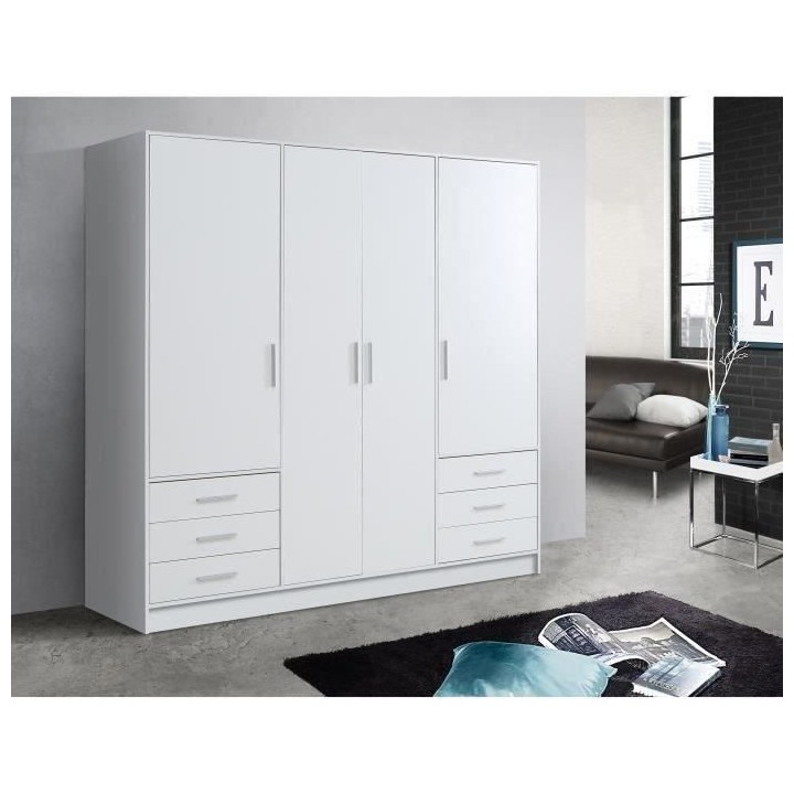 Armoire 4 portes battantes + 6 tiroirs - Bois aggloméré - Blanc mat