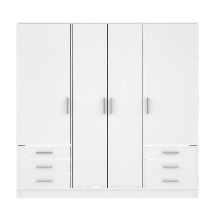 Armoire 4 portes battantes + 6 tiroirs - Bois aggloméré - Blanc mat