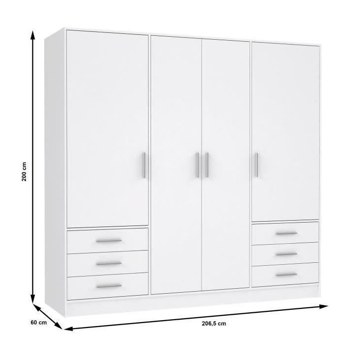 Armoire 4 portes battantes + 6 tiroirs - Bois aggloméré - Blanc mat