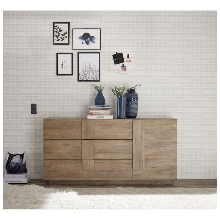 Buffet JULIANA 1 Porte 3 Tiroirs décor Chene mercure - L 182xP44xH90