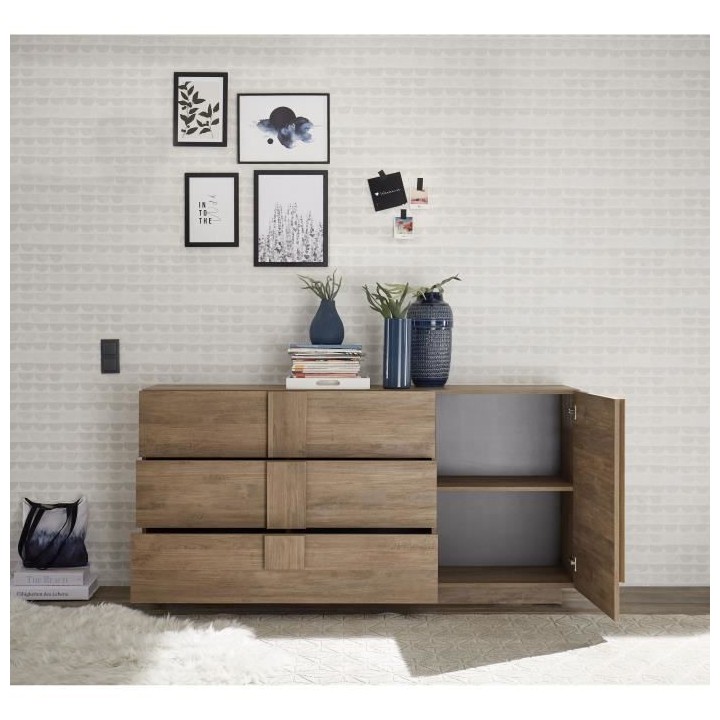 Buffet JULIANA 1 Porte 3 Tiroirs décor Chene mercure - L 182xP44xH90