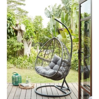 PORTO Fauteuil oeuf suspendu en résine tressée - Coussin en polyeste