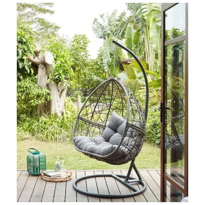 PORTO Fauteuil oeuf suspendu en résine tressée - Coussin en polyeste