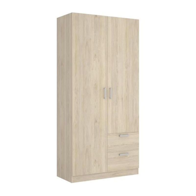 Armoire en panneaux de particules - Décor chene - 2 portes + 2 tiroirs - Style Essentiel - Chambre - L 100 x P 52 x H 215 cm