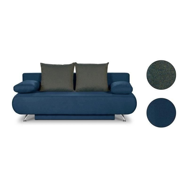 Banquette convertible avec le coffre - Tissu bleu denim et bleu chiné - L210 x P92 x H80 cm - KALIOPE