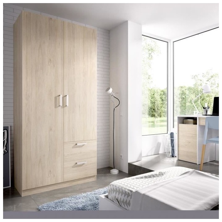 Armoire en panneaux de particules - Décor chene - 2 portes + 2 tiroir