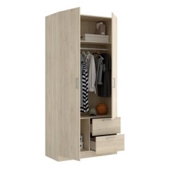 Armoire en panneaux de particules - Décor chene - 2 portes + 2 tiroirs - Style Essentiel - Chambre - L 100 x P 52 x H 215 cm