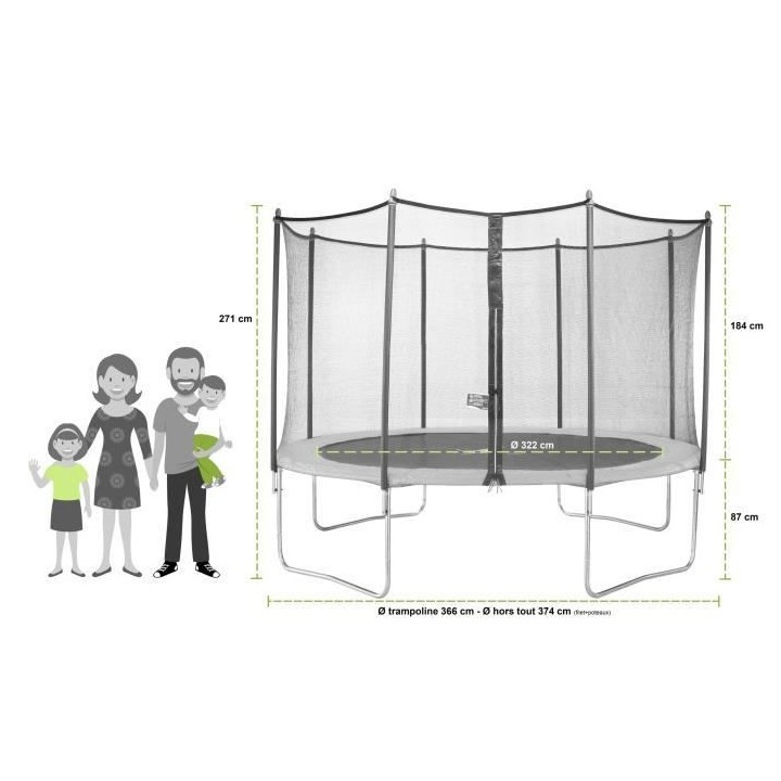 KANGUI Trampoline TWIN Ø 360cm - Vert - avec filet, échelle, couvert