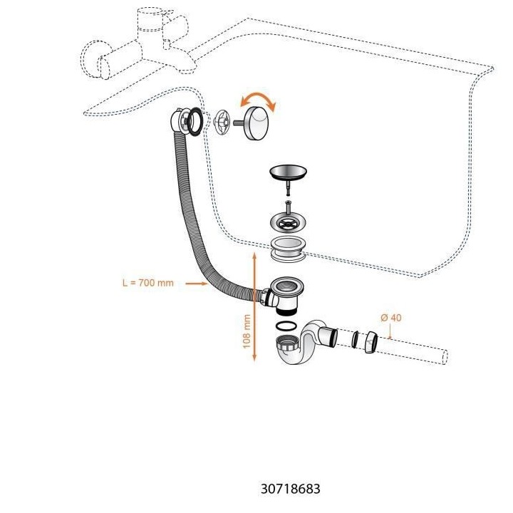 WIRQUIN Vidage de baignoire a câble L700 - Siphon cobra en ABS