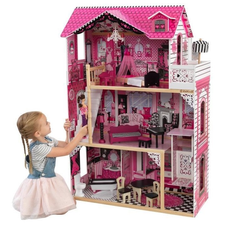 KIDKRAFT - Maison de poupées Amélia + 14 pieces - En bois - Rose