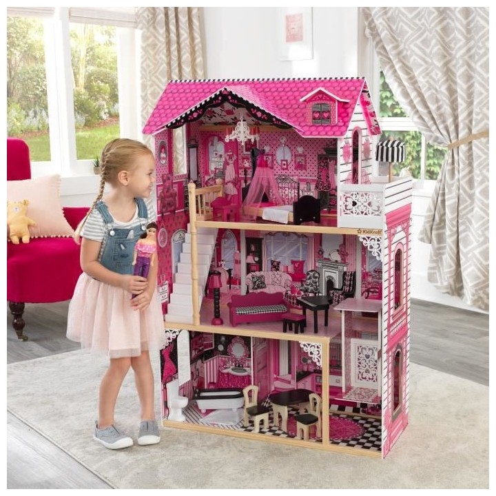 KIDKRAFT - Maison de poupées Amélia + 14 pieces - En bois - Rose