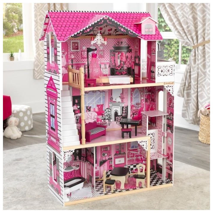 KIDKRAFT - Maison de poupées Amélia + 14 pieces - En bois - Rose