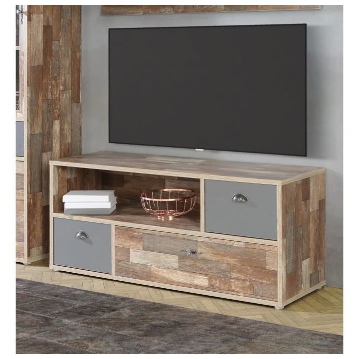 Meuble TV 2 tiroirs, 1 abattant - Décor pin Maringo et gris mat - L 1