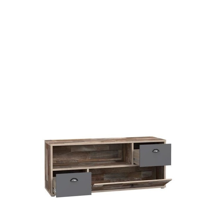 Meuble TV 2 tiroirs, 1 abattant - Décor pin Maringo et gris mat - L 1