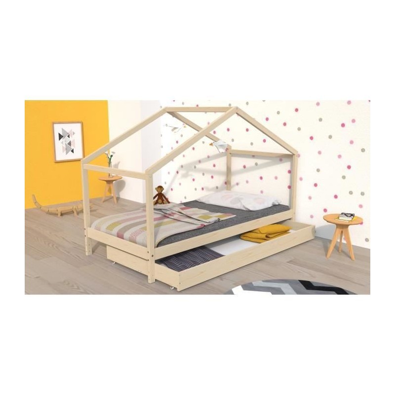 WEBER KOALA Lit cabane enfant 90 x 190 cm avec tiroir - Bois pin massif - Naturel - Sommier inlcus