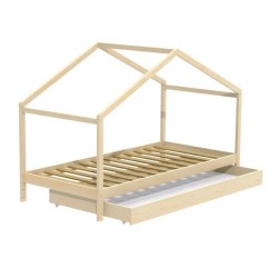 WEBER KOALA Lit cabane enfant 90 x 190 cm avec tiroir - Bois pin massif - Naturel - Sommier inlcus