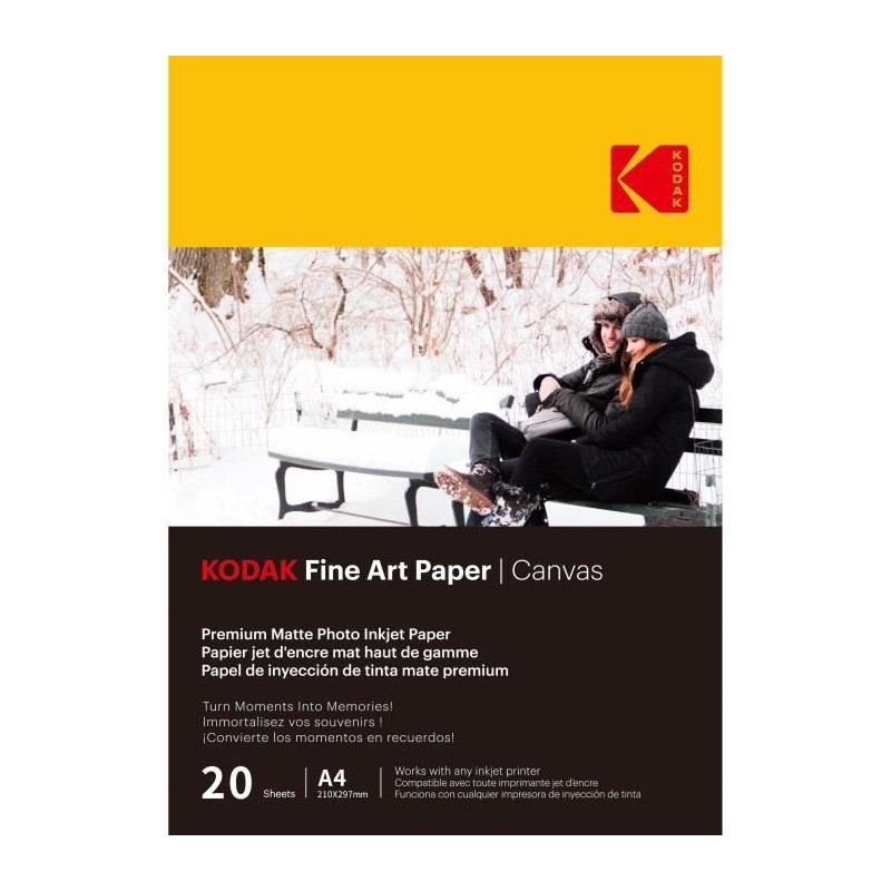 KODAK - 20 feuilles de papier photo 230g/m², mat, Format A4 (21x29,7cm), Impression Jet d'encre effet toile - 9891090