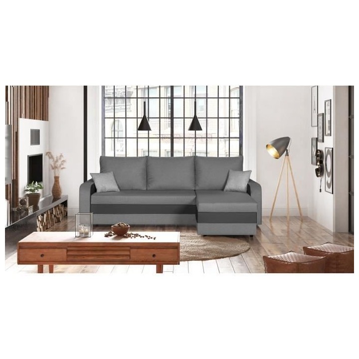 Canapé d' angle 4 places convertible réversible + coffre - Tissu gri