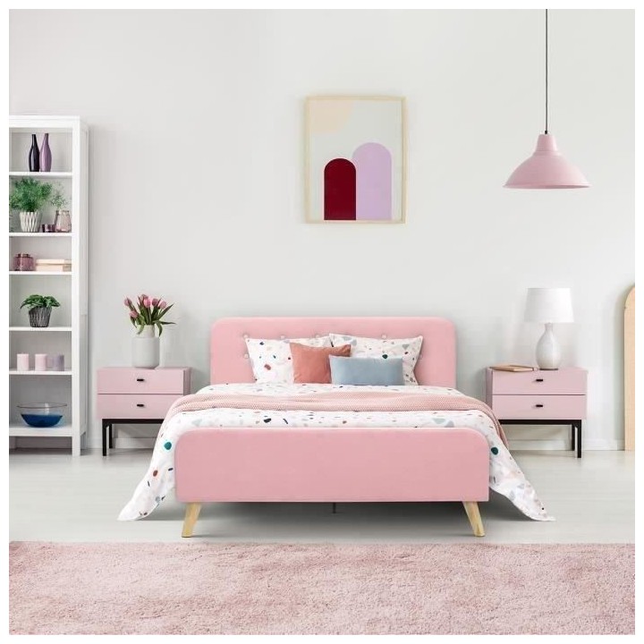Lit adulte ASHBY - 160 x 200 cm -Tissu - Aspect lin rose + boutons bla