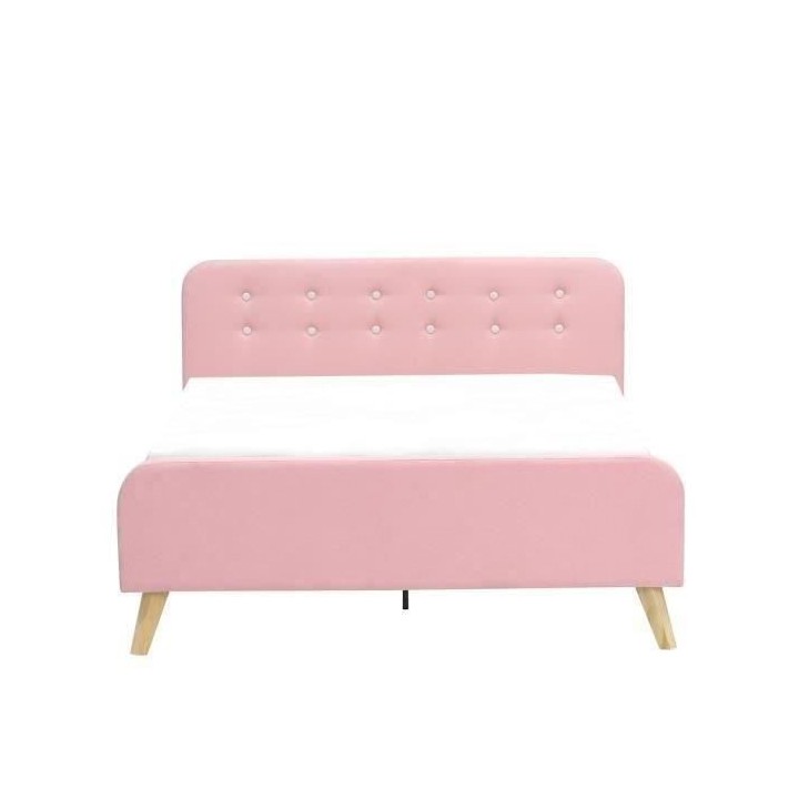 Lit adulte ASHBY - 160 x 200 cm -Tissu - Aspect lin rose + boutons bla