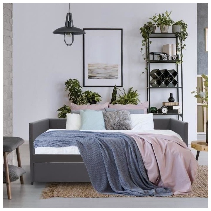 Lit banquette gigogne ATLANTA - 90 x 190 cm - Simili - Gris foncé - S