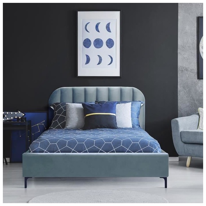 CALLIE Lit adulte 140 x 190 cm - Velours bleu clair - Sommier inclus