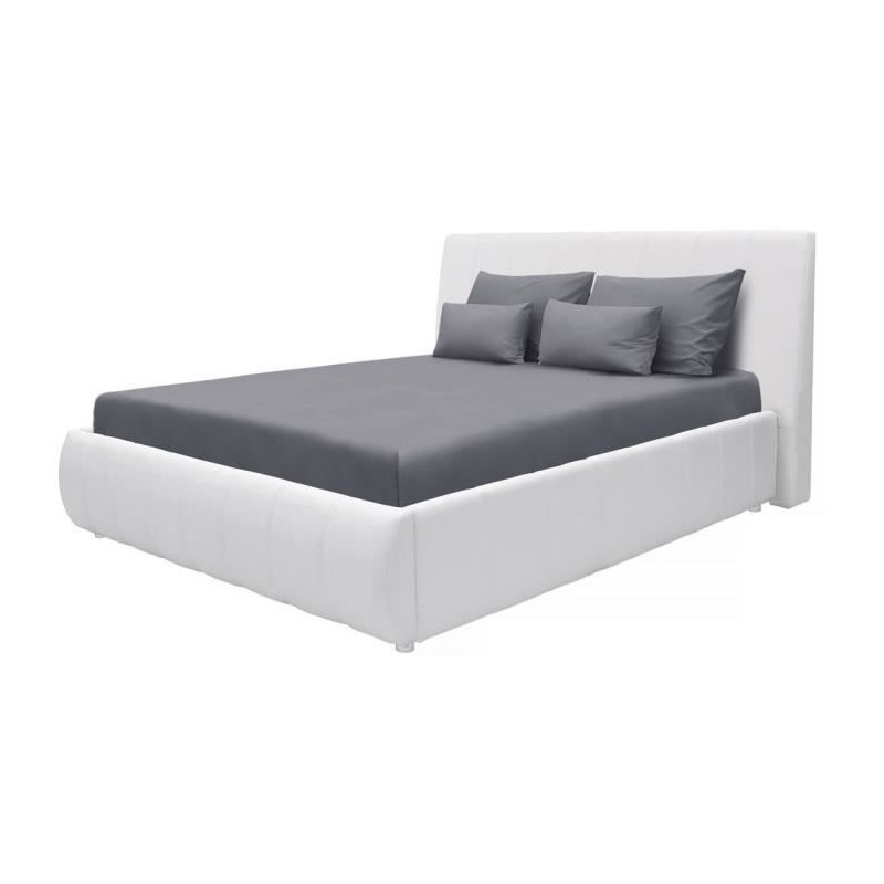 CLOUD Lit adulte - 160 x 200 cm + Coffre de rangement - Simili blanc -Sommier a lattes inclus