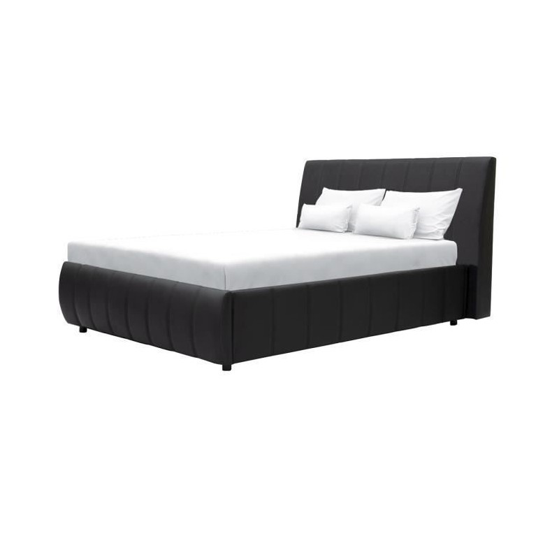 CLOUD Lit adulte 160x200 cm + Coffre de rangement - Simili noir - Sommier inclus