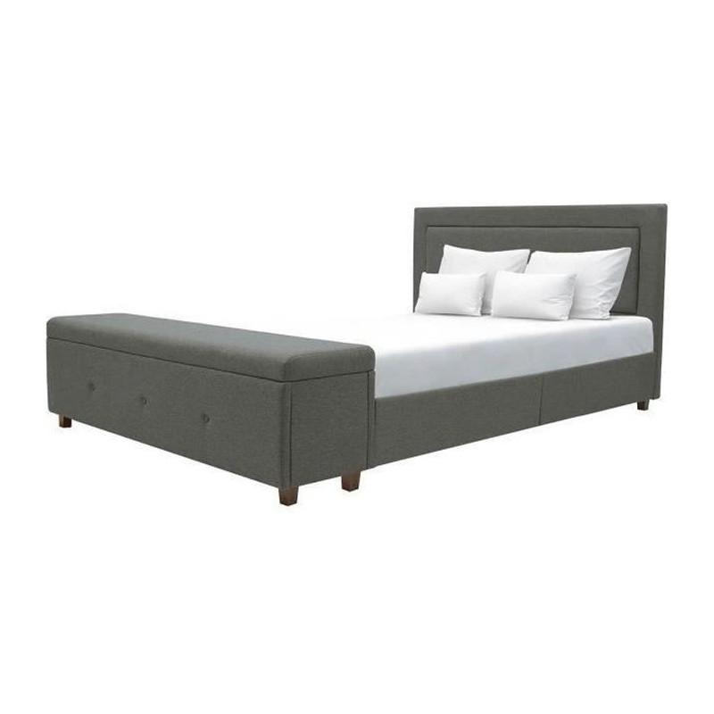 DREW Lit adulte 160x200 cm + Banc coffre de rangement - Tissu imitation lin gris - Sommier inclus