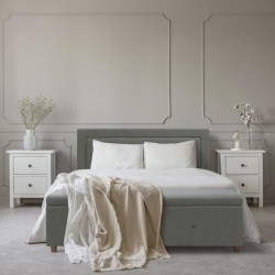 DREW Lit adulte 160x200 cm + Banc coffre de rangement - Tissu imitation lin gris - Sommier inclus