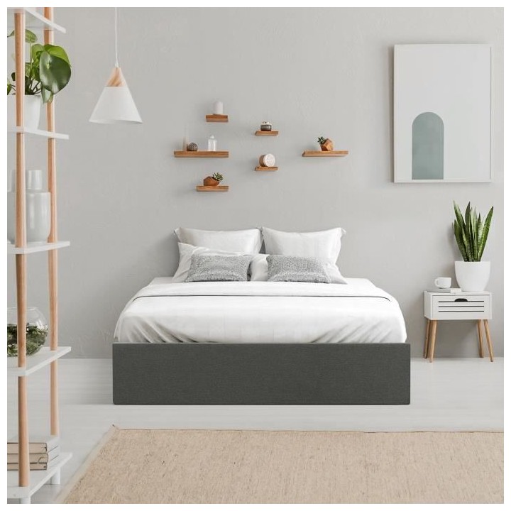 ECLIPSE Lit coffre adulte - Tissu gris foncé - Sommier inclus - l 140