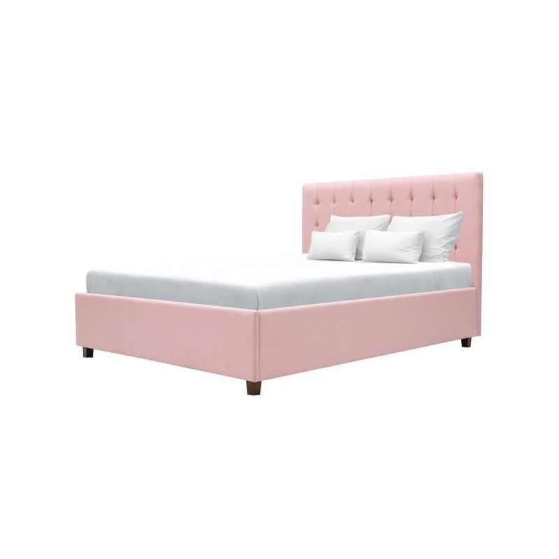 EMILY Lit adulte 140 x 190 cm + coffre de rangement - Tissu rose pastel - Sommier inclus