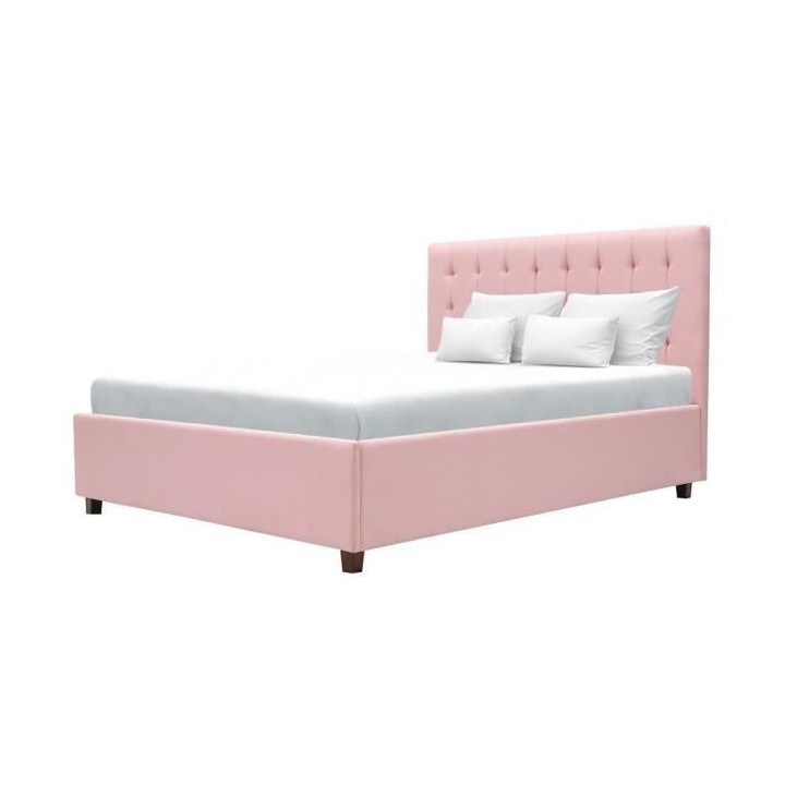 EMILY Lit adulte 140 x 190 cm + coffre de rangement - Tissu rose paste