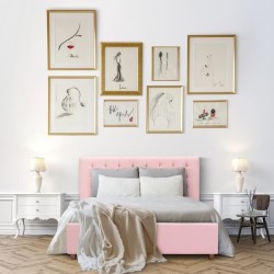 EMILY Lit adulte 140 x 190 cm + coffre de rangement - Tissu rose pastel - Sommier inclus