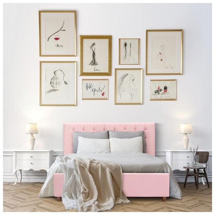 EMILY Lit adulte 140 x 190 cm + coffre de rangement - Tissu rose paste