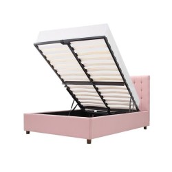 EMILY Lit adulte 140 x 190 cm + coffre de rangement - Tissu rose pastel - Sommier inclus