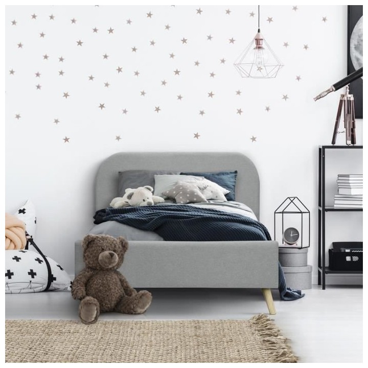 SVEA Lit enfant 90 x 190 cm - Scandinave - Tissu Gris clair - Sommier