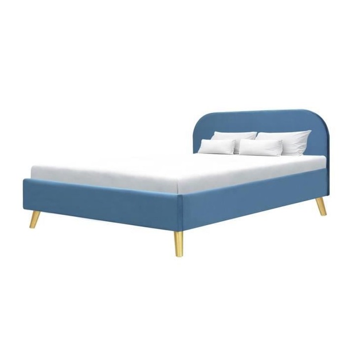Lit adulte scandinave - Velours Bleu - Sommier inclus - 140 x 190 cm -