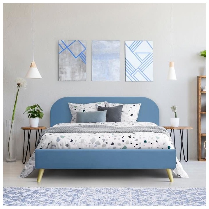 Lit adulte scandinave - Velours Bleu - Sommier inclus - 140 x 190 cm -