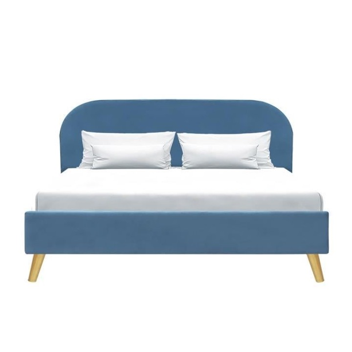 Lit adulte scandinave - Velours Bleu - Sommier inclus - 140 x 190 cm -
