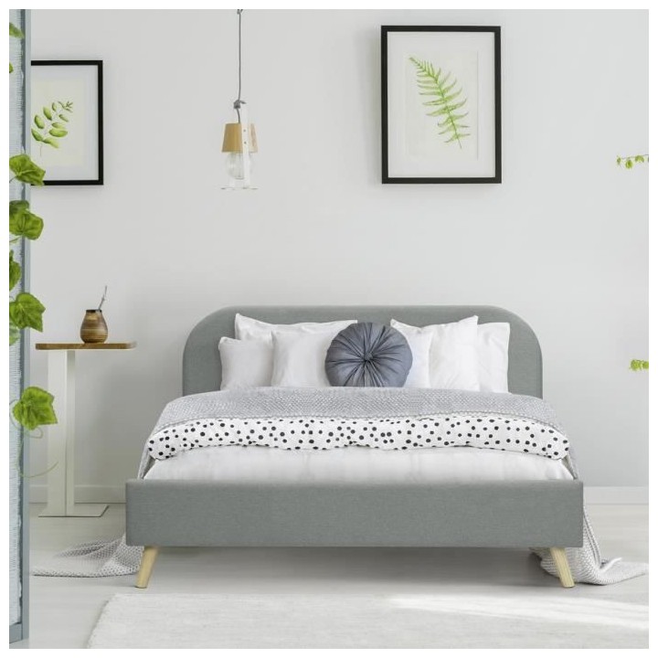 SVEA Lit adulte 140x190 cm - Scandinave - Tissu Gris clair - Sommier i
