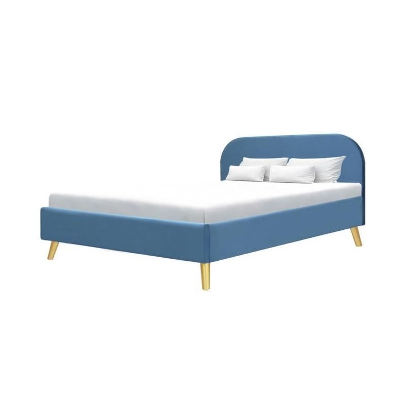 SVEA Lit adulte scandinave - Velours Bleu - Sommier inclus - 160 x 200 cm