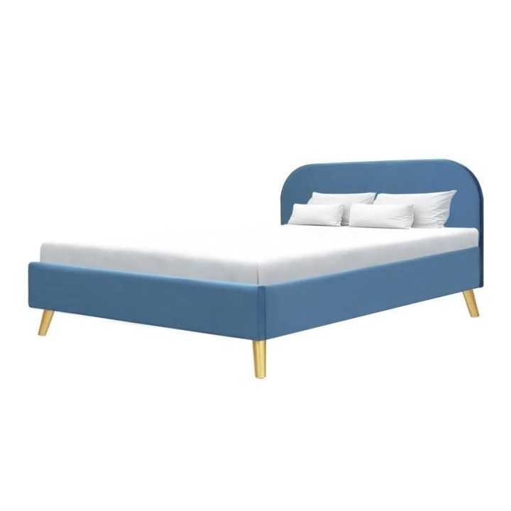 SVEA Lit adulte scandinave - Velours Bleu - Sommier inclus - 160 x 200